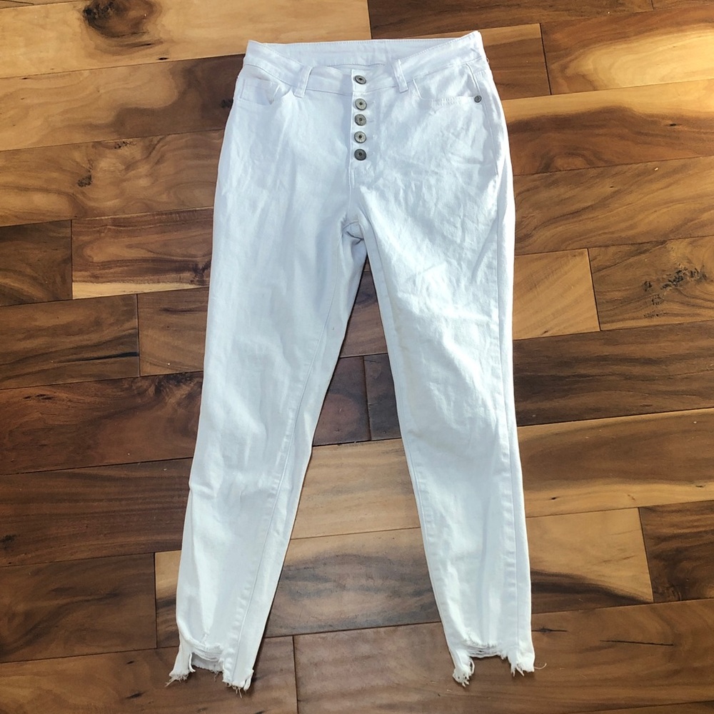 White Button-Fly Distressed Women Jeans